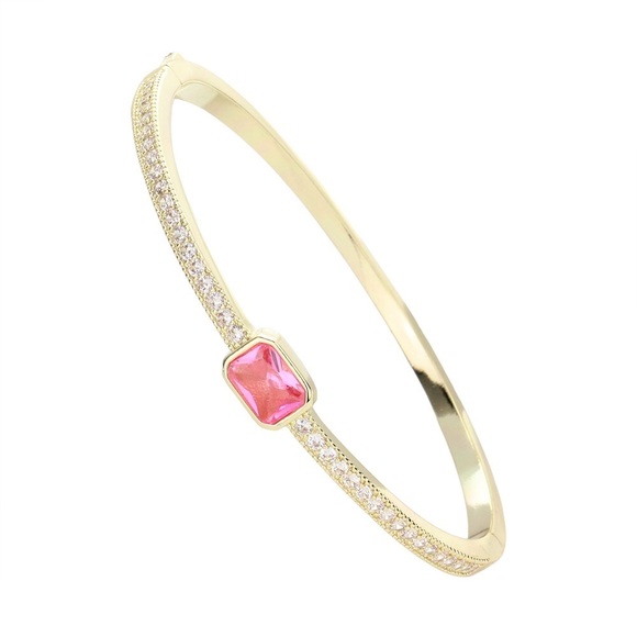 Pink Emerald Cut Stone With Pave Crystals Set in Gold Bangle - Picture 2 of 4